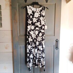 NWT Anne Klein Black & White Floral Print Sleeveless Midi A-Line Dress